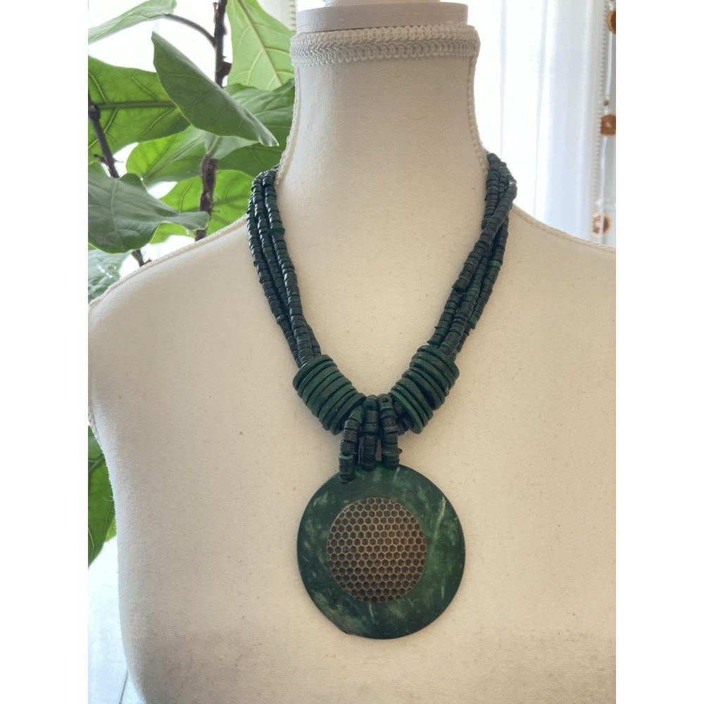 Boho Dark Green Disc Bead Necklace Oversized Round Pendant Tribal Artsy Gypsy